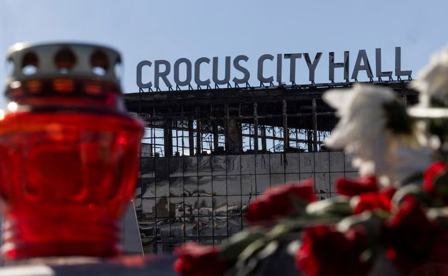 A view shows the burnt-out Crocus City Hall following a deadly attack on the concert venue in the Moscow Region, Russia, March 27, 2024.
