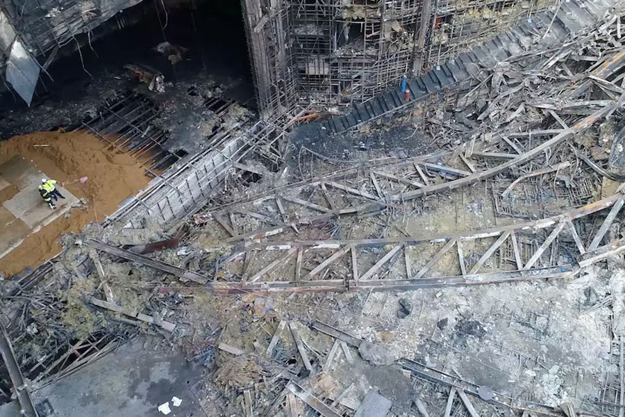 An interior view shows the burnt-out Crocus City Hall following a deadly attack on the concert venue outside Moscow, Russia, in this still image taken from video released March 26, 2024.