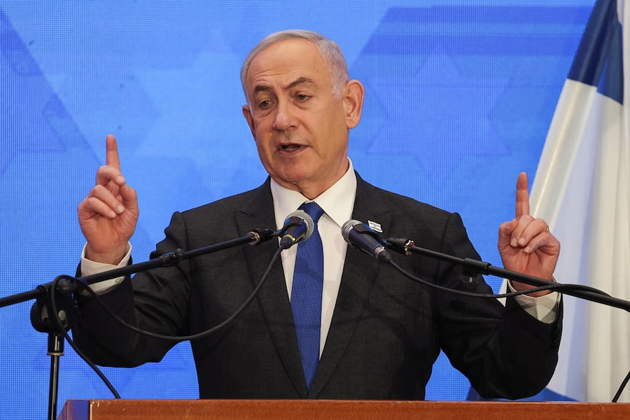 Israeli Prime Minister Benjamin Netanyahu addresses the Conference of Presidents of Major American Jewish Organizations, amid the ongoing conflict between Israel and the Palestinian Islamist group Hamas, in Jerusalem, February 18, 2024.