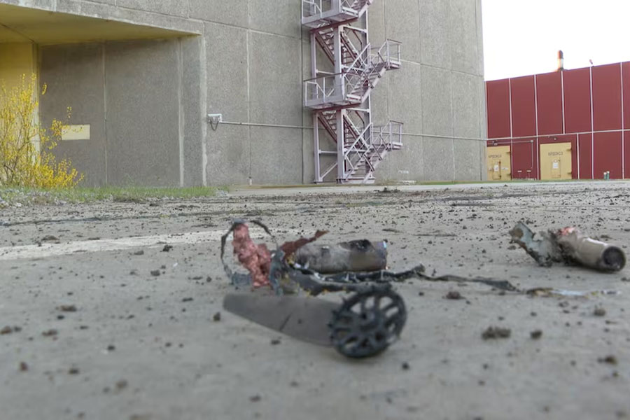 A view shows the remains of what the Zaporizhzhia Nuclear Power Plant officials call a Ukrainian drone that was shot down over the station, in the course of Russia-Ukraine conflict outside Enerhodar in the Zaporizhzhia region, Russian-controlled Ukraine, in this still image from video taken April 7, 2024.