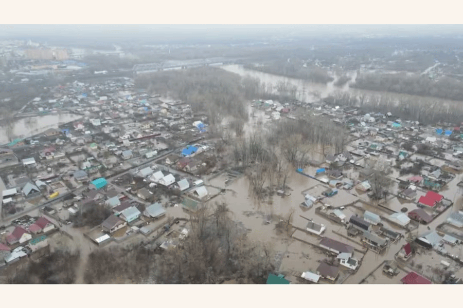 An aerial view shows flooded area in Orenburg, Russia, in this still image taken from video released April 8, 2024.