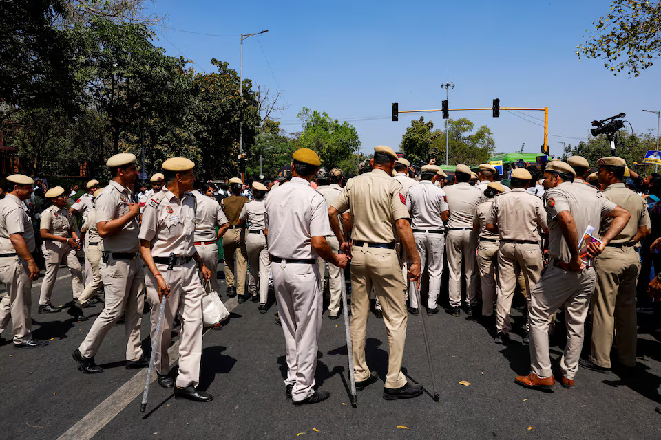 Policemen stand guard outside Shaheedi Park amid the call given by the Aam Aadmi Party (AAP) to protest against the arrest of the party's main leader and Delhi Chief Minister Arvind Kejriwal in New Delhi, India on March 23, 2024 — Reuters/File