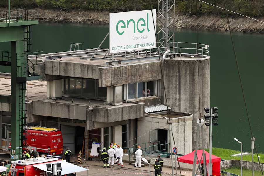 A general view shows the Enel hydroelectric power plant, after a fatal explosion and fire, in Bargi, Italy, April 10, 2024.