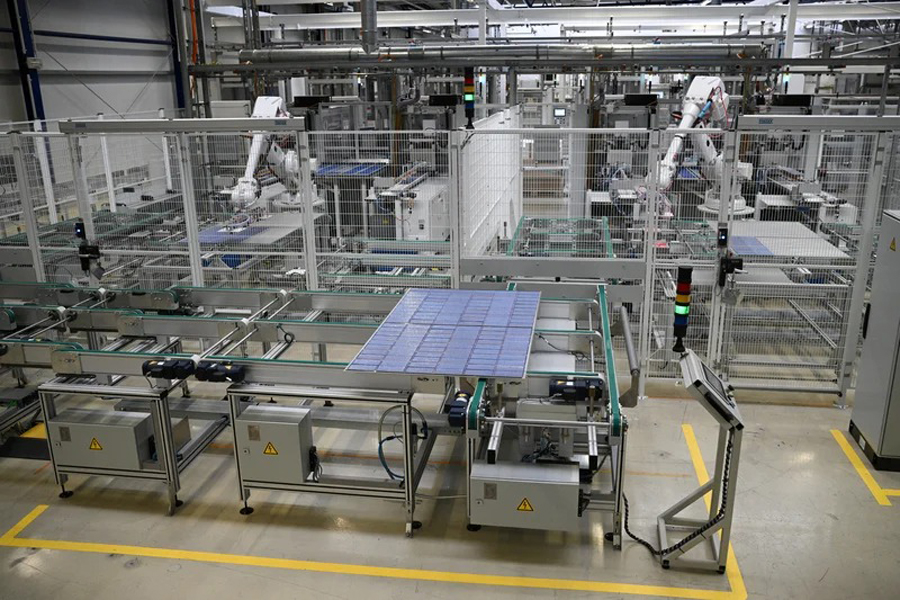A solar panel rolls off the assembly line as part of the last production of solar modules at the Meyer Burger Technology AG plant, due to an announced closure of the plant, in Freiberg, Germany March 12, 2024.