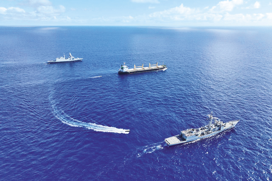 Escorted by two warships of the EU Naval Force, MV Abdullah is cruising through the Indian Ocean towards the UAE on Monday. — Photo: EU Naval Force