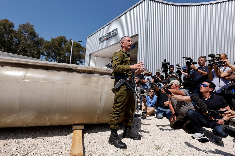 Israeli military spokesperson Rear Admiral Daniel Hagari speaks to the media as Israel's military displays what they say is an Iranian ballistic missile which they retrieved from the Dead Sea after Iran launched drones and missiles towards Israel, at Julis military base, in southern Israel on April 16, 2024 — Reuters photo