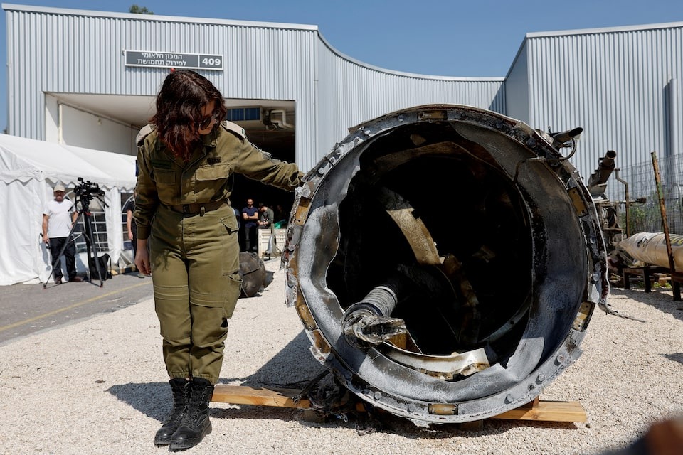 Israel's military displays what they say is an Iranian ballistic missile which they retrieved from the Dead Sea after Iran launched drones and missiles towards Israel, at Julis military base, in southern Israel on April 16, 2024 — Reuters photo