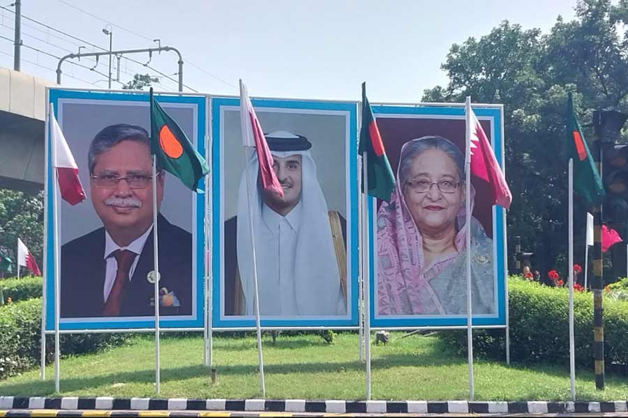 Some of the Dhaka streets are seen decorated with the photos of Qatar’s emir, along with Bangladesh president and the prime minister ahead of the visit.