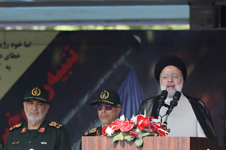 Iranian President Ebrahim Raisi delivers a speech during the National Army Day parade ceremony in Tehran, Iran, April 17, 2024.