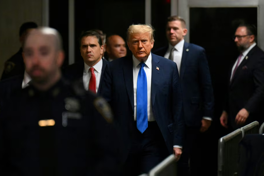 Former US president and Republican presidential candidate Donald Trump arrives at Manhattan Criminal Court to attend his trial for allegedly covering up hush money payments linked to extramarital affairs in New York, US, April 22, 2024.