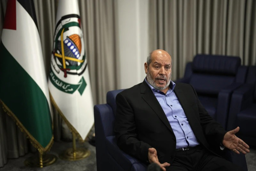 Khalil al-Hayya, a high-ranking Hamas official who has represented the Palestinian militant group in negotiations for a cease-fire and hostage exchange deal, speaks during an interview with The Associated Press, in Istanbul, Turkey on April 24, 2024 — AP photo