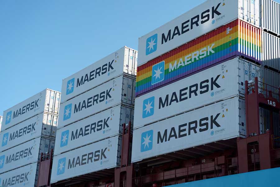 View of containers on the methanol-fueled container vessel Laura Maersk as it sits at anchor in harbour after an official naming ceremony in Copenhagen, Denmark, September 14, 2023.