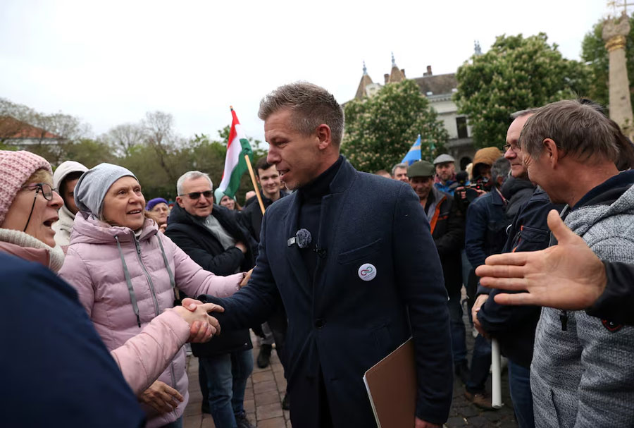 Peter Magyar, former government insider and leader of the Respect and Freedom (TISZA) Party meets with supporters at an EP election campaign tour in Szekszard, Hungary, April 24, 2024.