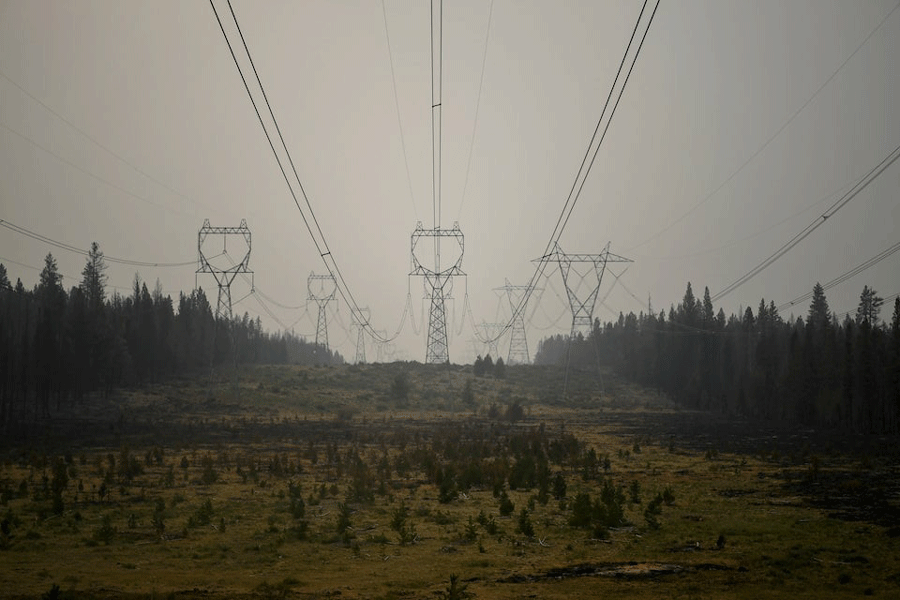 Green foliage underneath Electricity Pylons divides two sections of burnt out forest in the aftermath of the Bootleg Fire, in Sycan Estates, Oregon, US, July 24, 2021.