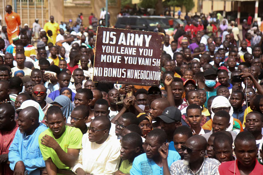 Nigeriens gather in a street to protest against the US military presence, in Niamey, Niger April 13, 2024.