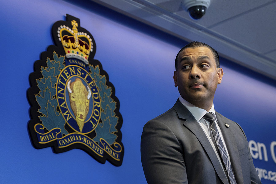 Superintendent Mandeep Mooker announces the arrest of suspected murderers of Hardeep Singh Nijjar