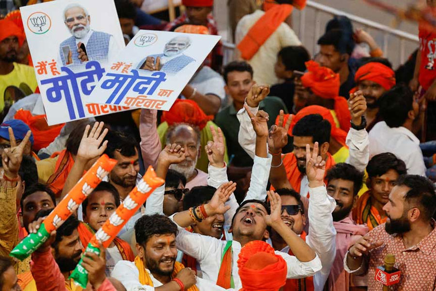 Supporters of India’s Prime Minister Narendra Modi react, on the day of a Bharatiya Janata Party (BJP) election campaign rally in Ayodhya, India, May 5, 2024.