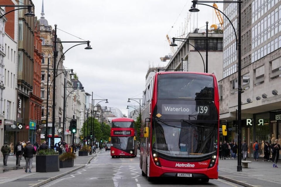 Iconic red double-decker bus rides at the Regent Street, in London, Britain, April 28, 2024.