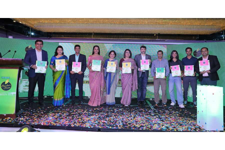 Directors of Ispahani Tea Limited Zahida Ispahani and Emaad Ispahani and other top officials at the launching ceremony of three new tea flavours at a city hotel on Saturday.