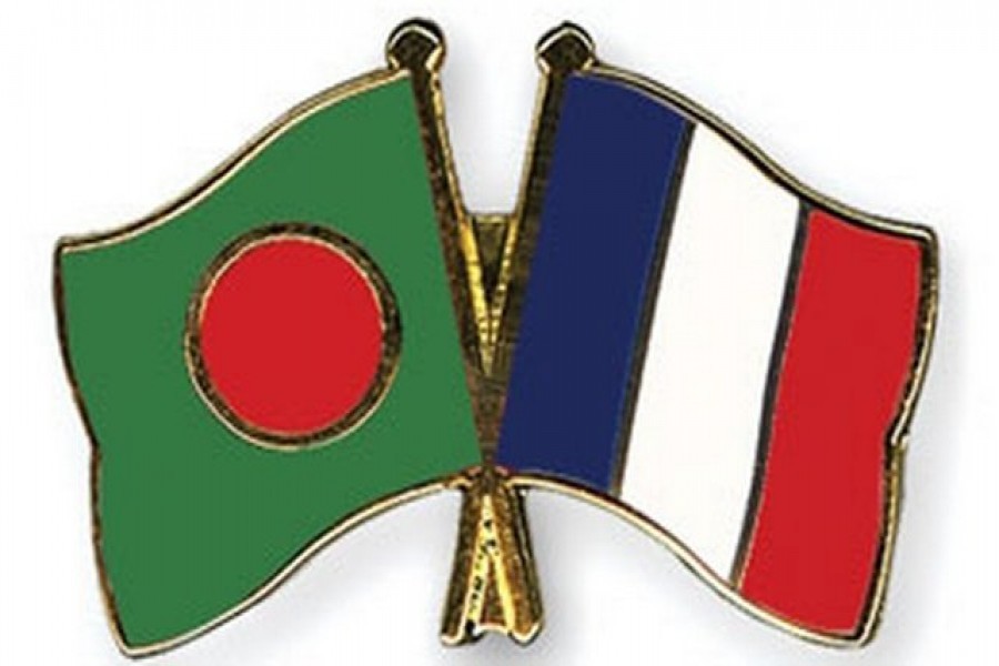 Flags of Bangladesh and France are seen cross-pinned in this photo symbolising friendship between the two nations