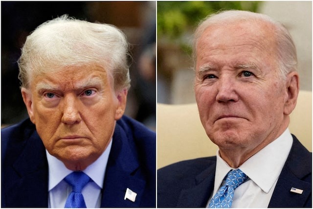 Combination picture showing former US President Donald Trump attending the Trump Organization civil fraud trial, in New York State Supreme Court in the Manhattan borough of New York City, US on November 6, 2023 and US President Joe Biden participating in a meeting with Italy's Prime Minister Giorgia Meloni in the Oval Office at the White House in Washington, US on March 1, 2024 — Reuters/File