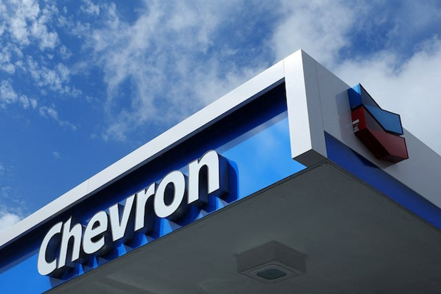 A Chevron gas station sign is seen in Austin, Texas, US, October 23, 2023.