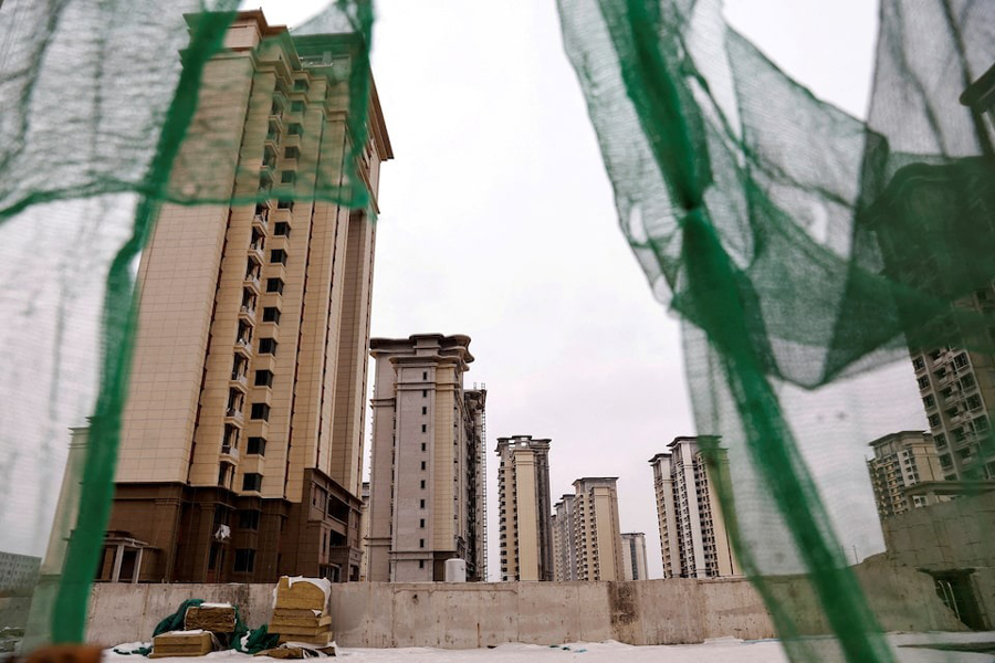 A view of unfinished residential buildings developed by China Evergrande Group in the outskirts of Shijiazhuang, Hebei province, China February 1, 2024.