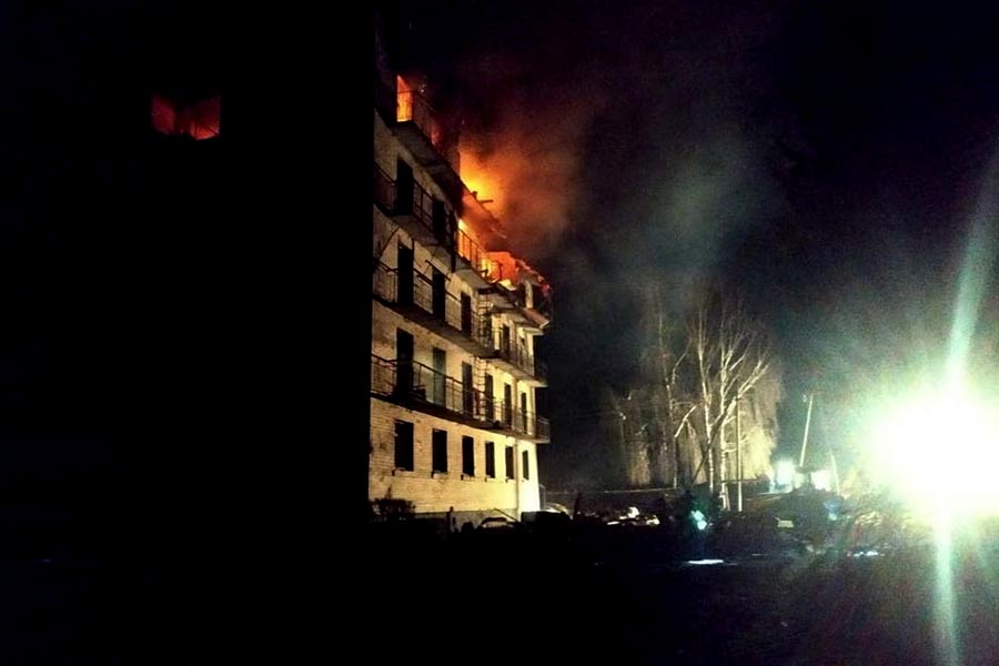Smoke billows from a building heavily damaged by a Russian drone strikes in the town of Rzhyshchiv in Kyiv region of Ukraine on Wednesday –Reuters photo