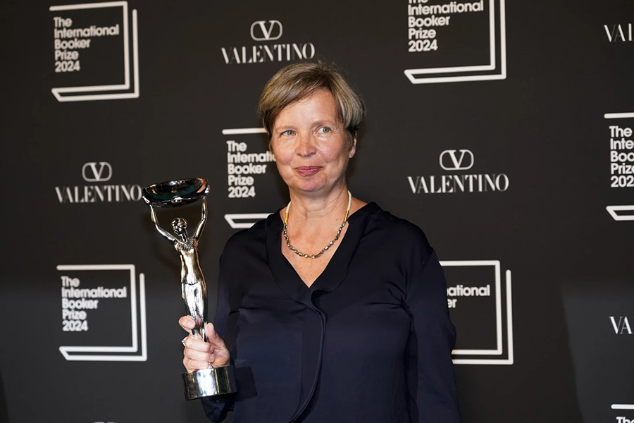 Jenny Erpenbeck, author of 'Kairos', holds the trophy after winning the International Booker Prize, in London on Tuesday, May 21, 2024 — AP photo