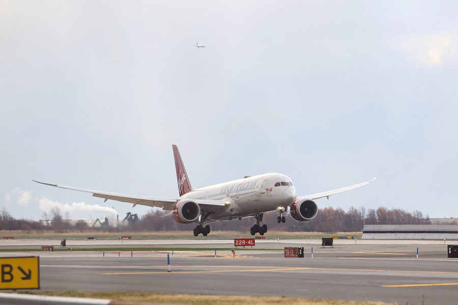 Virgin Atlantic Boeing 787 arrives to complete the first 100 per cent Sustainable Aviation Fuel transatlantic flight from London’s Heathrow airport to John F. Kennedy International Airport, in New York City, US, November 28, 2023.