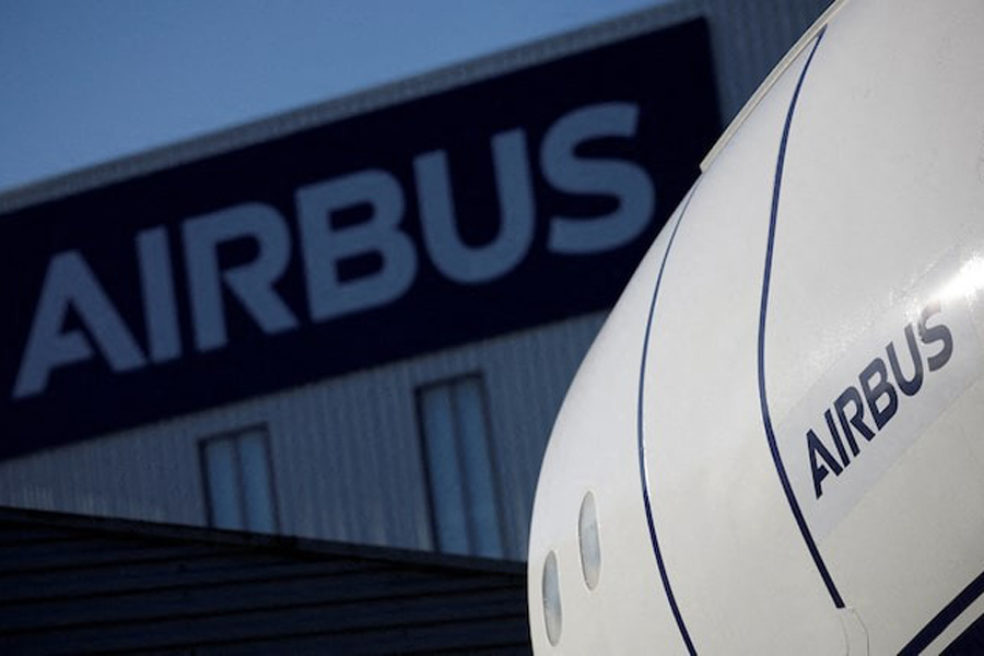 The logo of Airbus is pictured outside the Airbus facility in Saint-Nazaire, France, November 7, 2023.