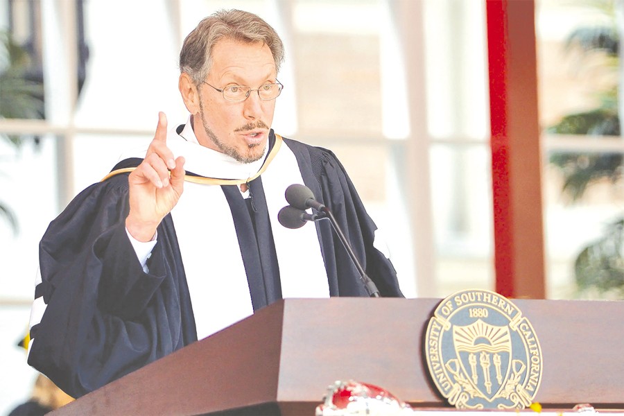 Larry Ellison, billionaire founder of Oracle and a two-time university drop out, delivering commencement speech at University of Southern California