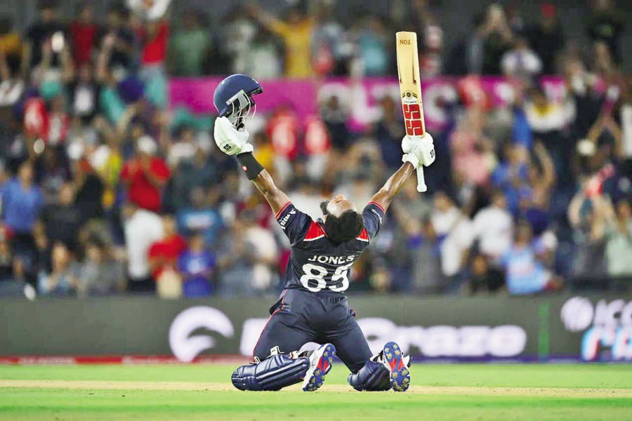 Aaron Jones of USA celebrating after winning the ICC Men's T20 Cricket World Cup West Indies & USA 2024 match against Canada at Grand Prairie Cricket Stadium in Dallas, Texas, on Sunday