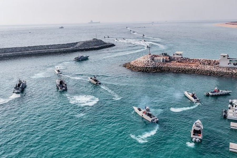 Islamic Revolutionary Guard Corps (IRGC) Navy’s speedboats move during an exercise in Abu Musa Island, in this picture obtained on August 2, 2023.