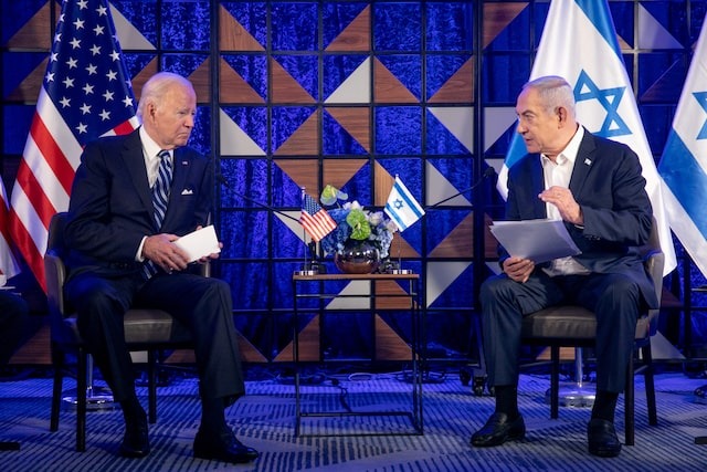US President Joe Biden, left, meets with Israeli Prime Minister Benjamin Netanyahu, right, to discuss the ongoing conflict between Israel and Hamas, in Tel Aviv, Israel on Wednesday, October 18, 2023 — Pool via Reuters/File