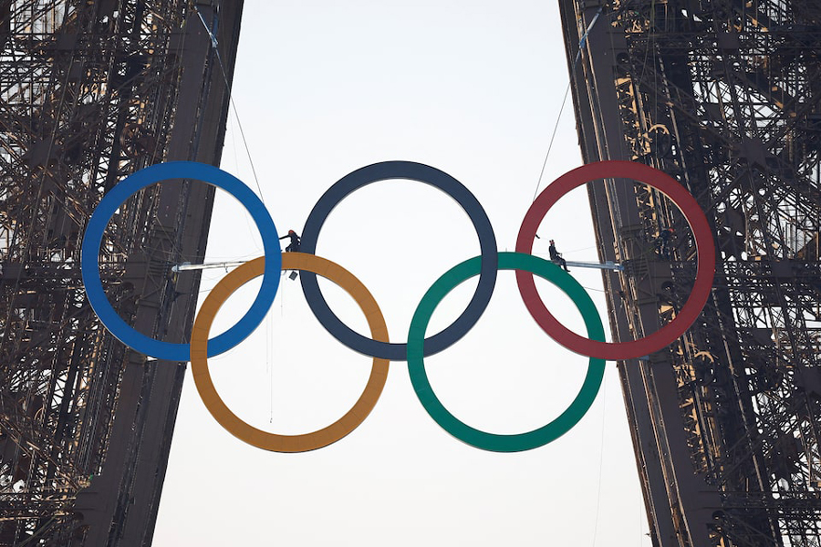 The Olympic rings are displayed on the first floor of the Eiffel Tower ahead of the Paris 2024 Olympic games in Paris
