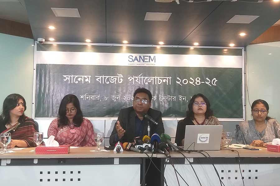 SANEM Executive Director Prof Selim Raihan presenting analysis on the proposed budget in Dhaka on Saturday