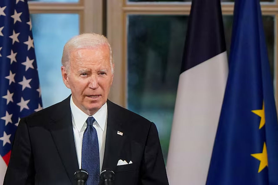 US President Joe Biden speaks at a state dinner held in his honor by French President Emmanuel Macron (not pictured), at the Elysee Palace, in Paris, France June 8, 2024.