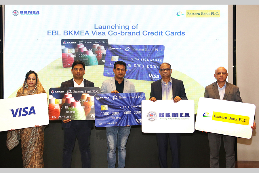 Eastern Bank and Bangladesh Knitwear Manufacturers and Exporters Association (BKMEA) launched co-brand credit cards for the members and staff of BKMEA. Mohammad Hatem, Executive President and Fazlee Shamim Ehsan, Vice President of BKMEA; Ali Reza Iftekhar, Managing Director, Ahmed Shaheen, Additional Managing Director, and Tasnim Hussain, Head of Cards of EBL and others are seen at the launching ceremony held at EBL head office at Gulshan in the city.