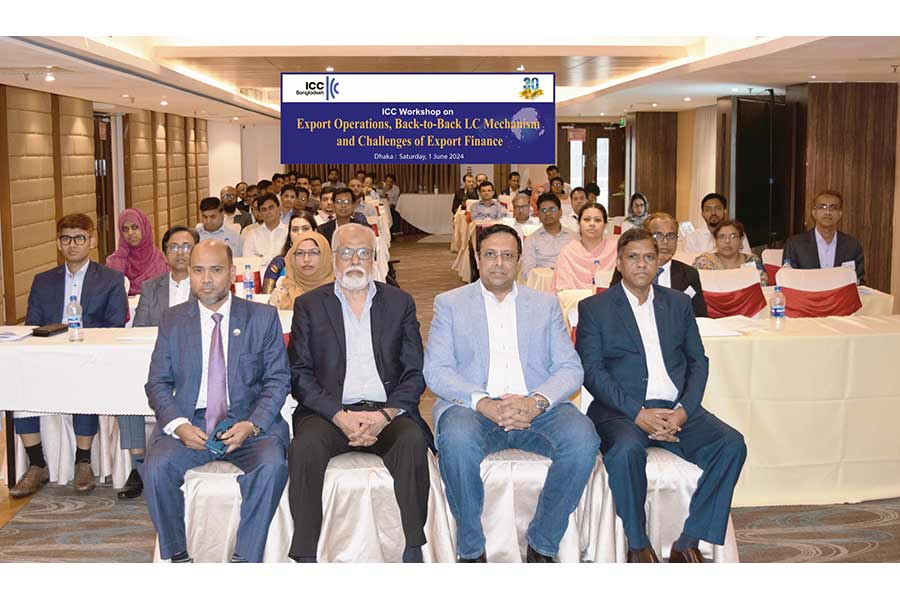 ICCB Vice President and CEO of Standard Chartered Bank Naser Ezaz Bijoy (2nd from right), ICCB Secretary General Ataur Rahman (2nd from left), Workshop Resource Person & SEVP of Islami Bank Mahmudur Rahman (extreme left) and ICCB General Manager Ajay B. Saha (extreme right) took part at a Workshop on Export Operations, Back-to-Back LC Mechanism and Challenges of Export Finance in Dhaka recently.