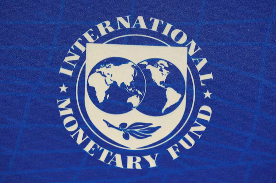 The logo of the International Monetary Fund (IMF), is seen during a news conference in Santiago, Chile, July 23, 2019.