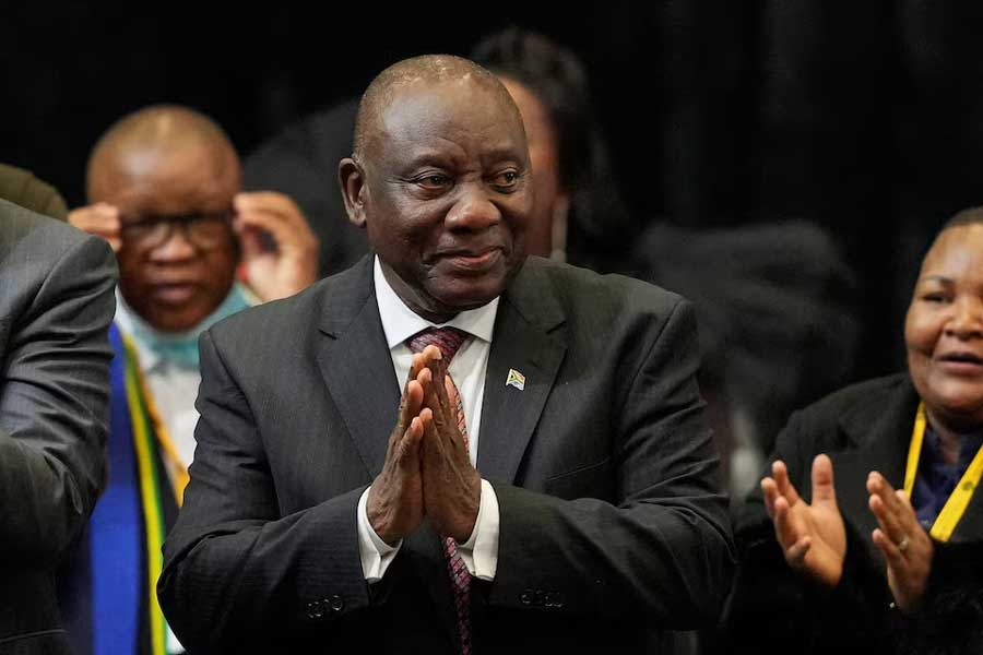 South African president Cyril Ramaphosa reacts after being re-elected as president of South Africa during the first sitting of the National Assembly following elections at the Cape Town International Convention Center (CTICC) in Cape Town, South Africa June 14, 2024.