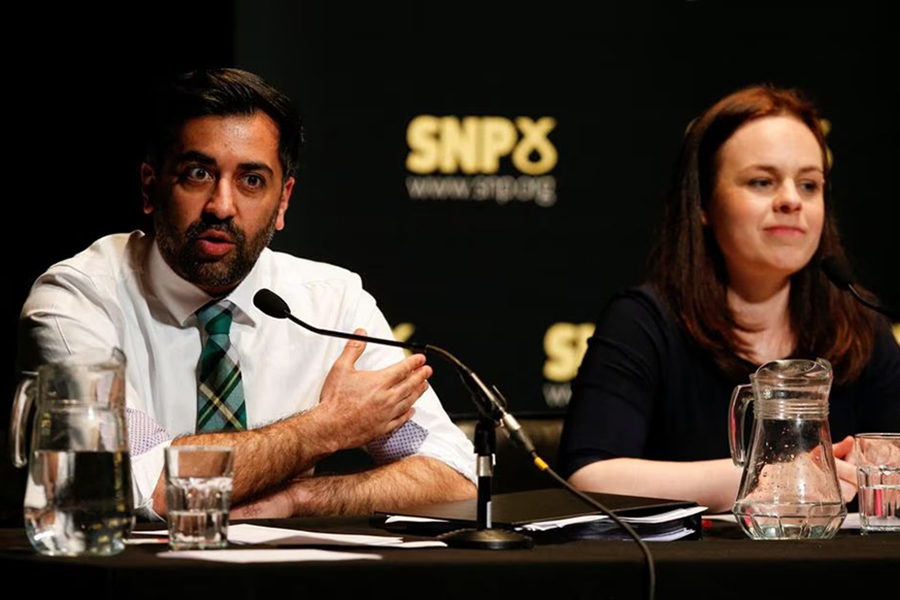 Scotland's Health Minister Humza Yousaf and Scotland's Finance Minister Kate Forbes, contenders to become the leader of the Scottish National Party (SNP) and Scotland's First Minister, attend the SNP leadership hustings, in Aberdeen, Scotland, Britain on March 12, 2023 — Pool via Reuters