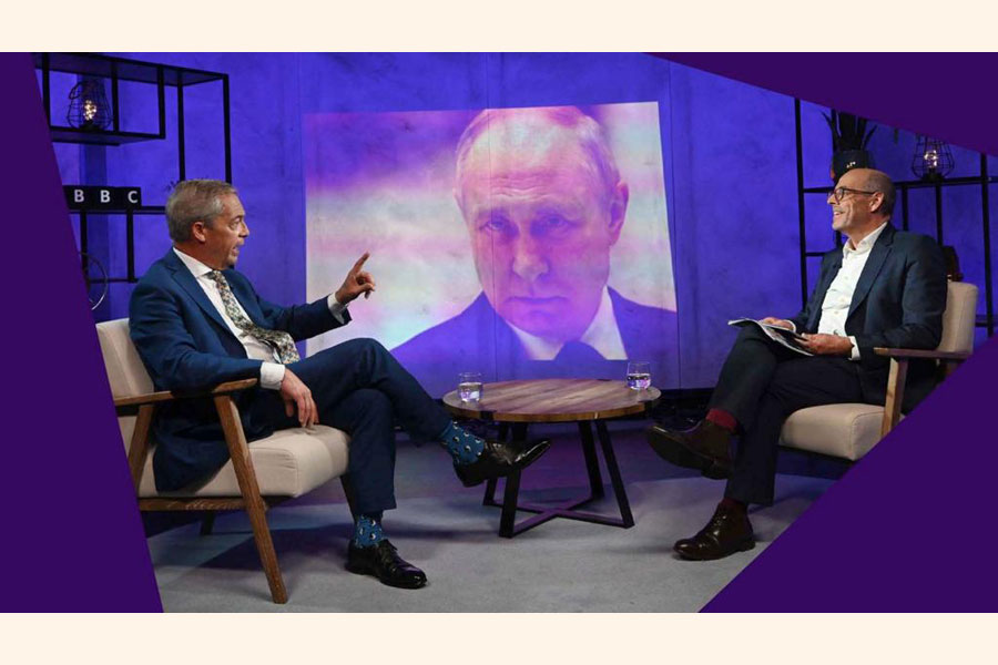 British politician Nigel Farage (L) has faced criticism after he told the BBC on Friday night that the West "provoked" Russia's invasion of Ukraine