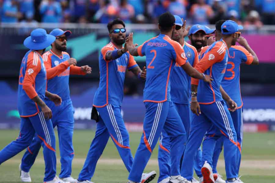 India cricketers celebrating the wicket of Pakistan's Imad Wasim during the Group A match of ICC T20 World Cup 2024 against Pakistan at Nassau County International Cricket in New York on June 9 –Reuters file photo