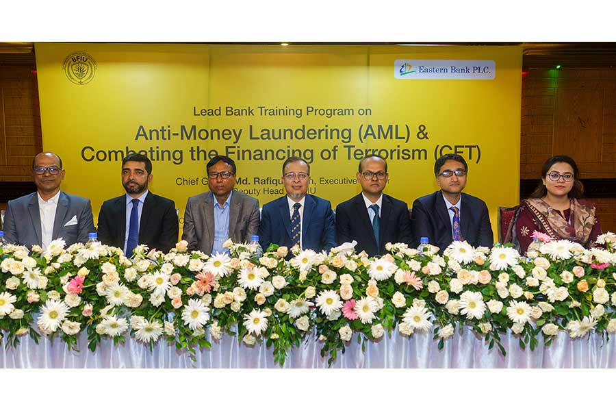 Md. Rafiqul Islam, ED and Deputy Head of Bangladesh Financial Intelligence Unit (Chief Guest); BFIU Joint Directors Md. Azmal Hossain and Md. Mahmudul Haque, Assistant Director Sadia Islam; EBL Head of Monitoring Md. Abdul Awal, Deputy CAMLCO Md. Shahjahan Ali, and Area Head, Retail and SME, Sylhet and Narayangonj Abu Rasel Md Masum are seen at a training programme hosted by Eastern Bank in Brahmanbaria on Saturday.