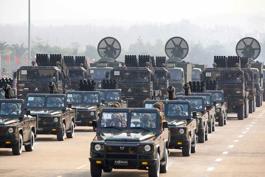 Military personnel participates in a parade on Armed Forces Day in Naypyitaw, Myanmar, March 27, 2021.