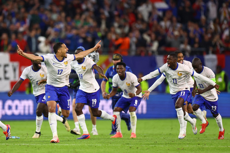 France players celebrate after winning the penalty shootout