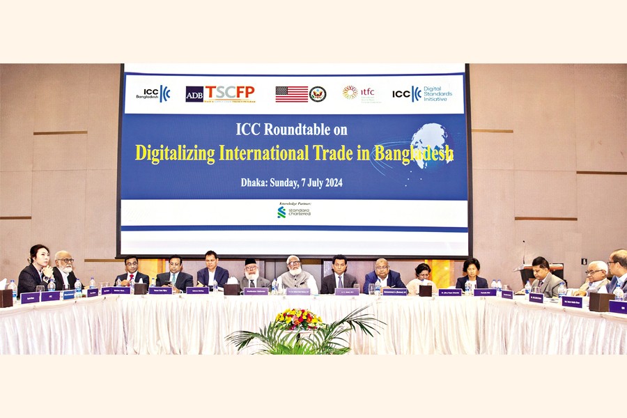 Salman Fazlur Rahman, MP (centre), Private Industry and Investment Adviser to the Prime Minister, participated as the chief guest in the ICC Roundtable on 'Digitalizing International Trade in Bangladesh' held in Dhaka on Sunday. Also seen in the picture, among others, are ICC Bangladesh President Mahbubur Rahman, Vice Presidents A K Azad, MP, and Naser Ezaz Bijoy; ADB Country Director Edimon Ginting; UN-ESCAP Director Dr. Rupa Chanda; ITFC Regional Head Iftekhar Alam; ICC-DSI MD Pamela Mar; ICCB Executive Board Member Kutubuddin Ahmed; Banking Commission Chair Muhammad A. (Rumee) Ali and Secretary General Ataur Rahman