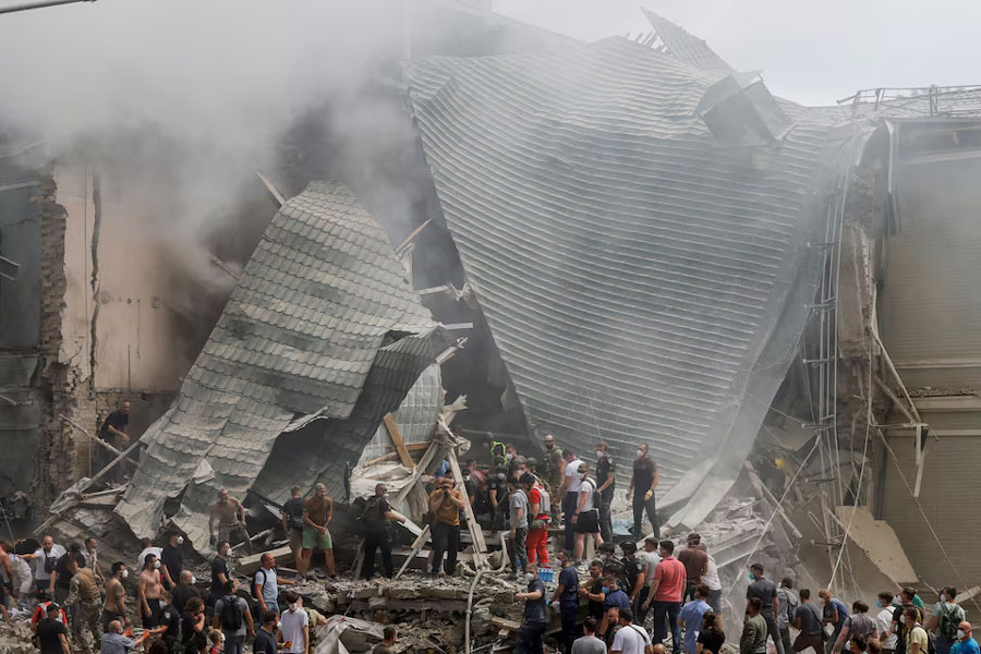 Rescuers work at Ohmatdyt Children's Hospital that was damaged during a Russian missile strikes, in Kyiv, Ukraine, July 8.
